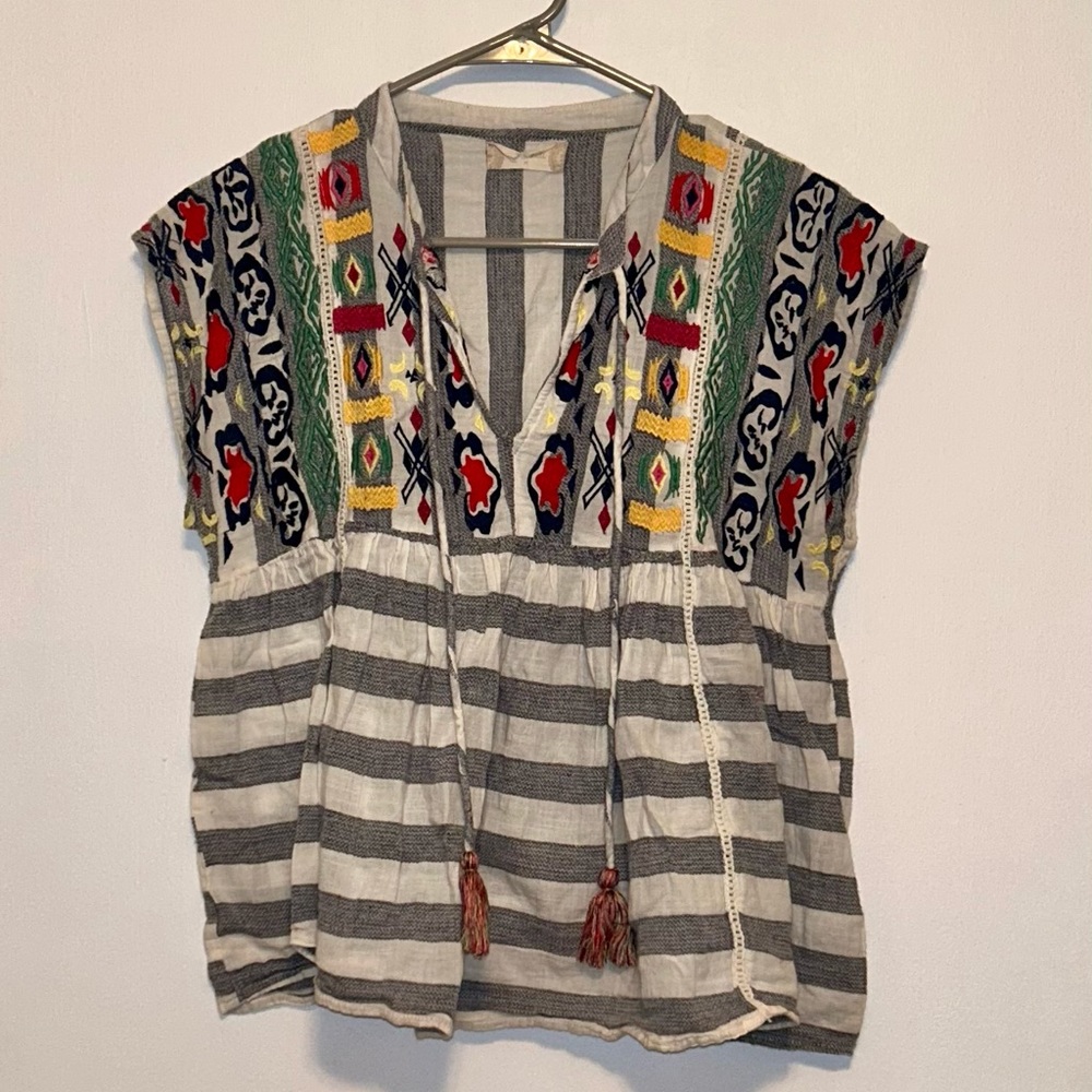 Altar’d State Embroidered Striped Boho Cropped V Neck Peasant Blouse